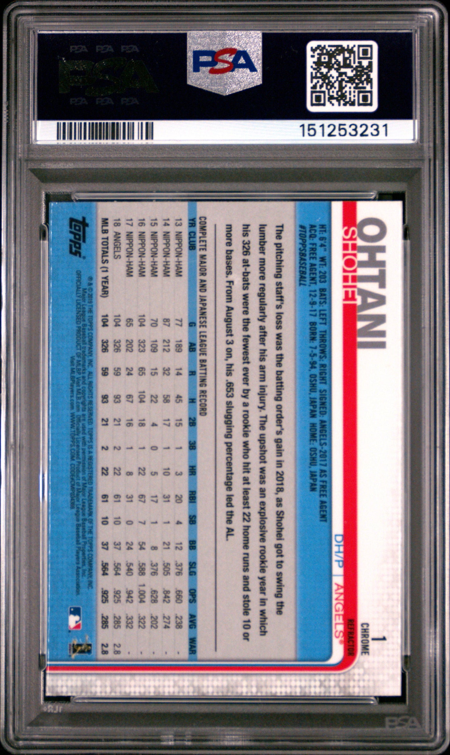 Shohei Ohtani 2019 Topps Chrome #1 Sepia Refractor PSA 9 Mint 3231