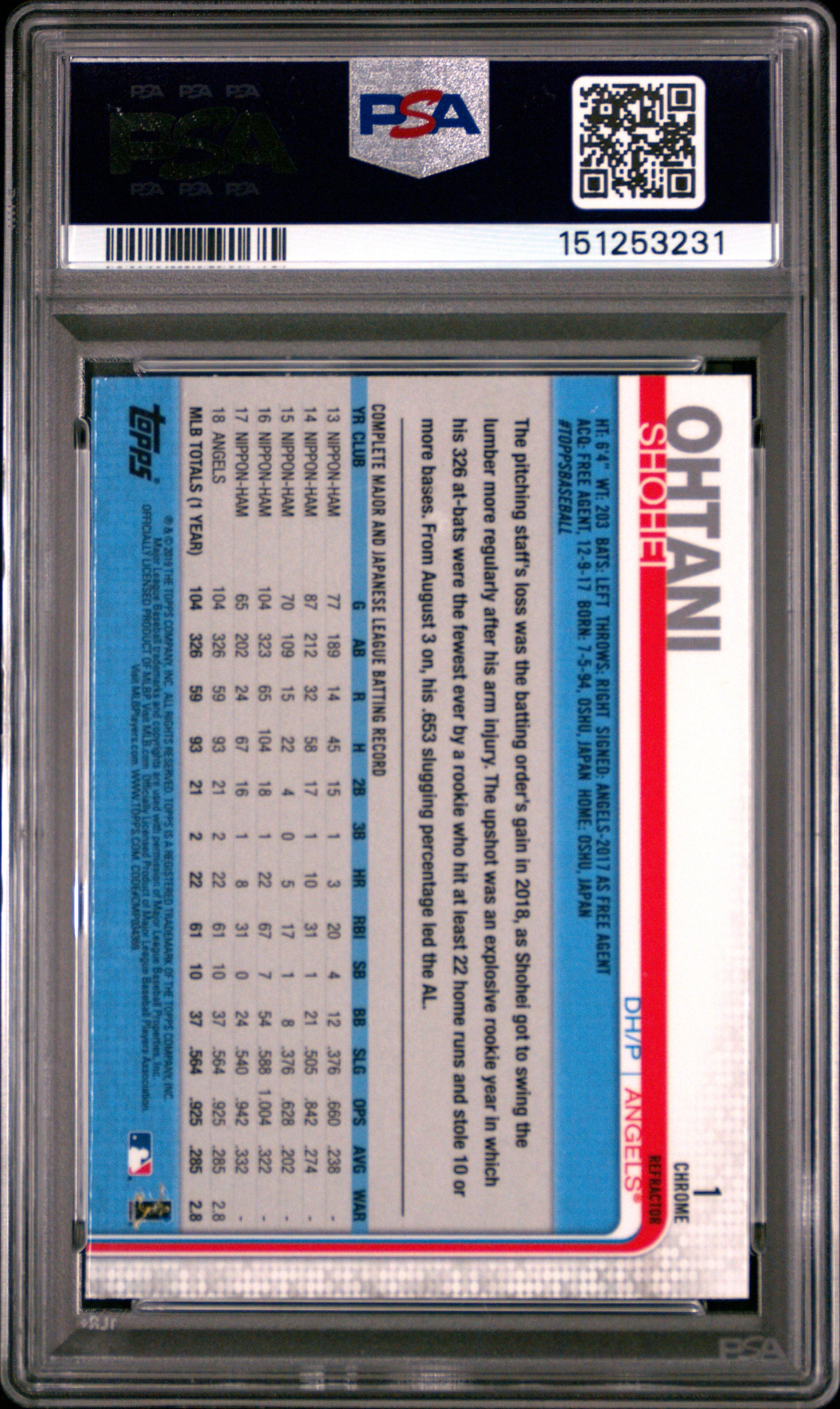 Shohei Ohtani 2019 Topps Chrome #1 Sepia Refractor PSA 9 Mint 3231