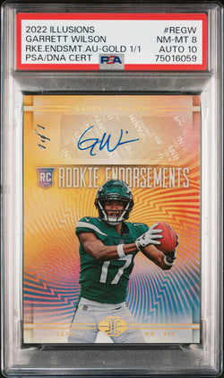 Garrett Wilson 2022 Panini Illusions Rookie Endorsements Gold Auto #1/1 PSA 8 Auto 10