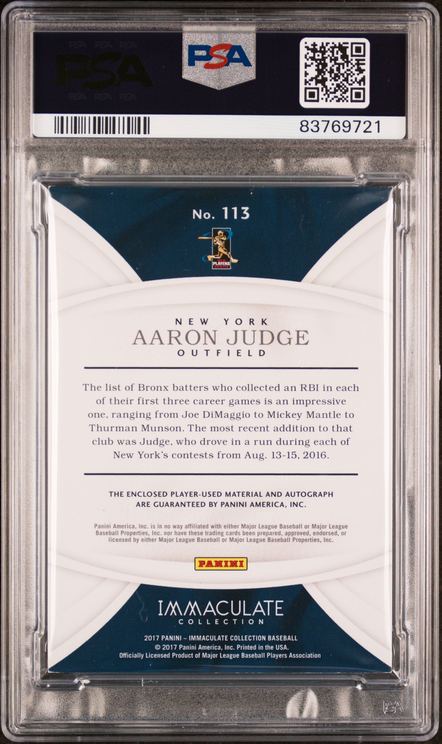 Aaron Judge 2017 Panini Immaculate Rookie Patch Auto #89/99 PSA 7 Auto 10