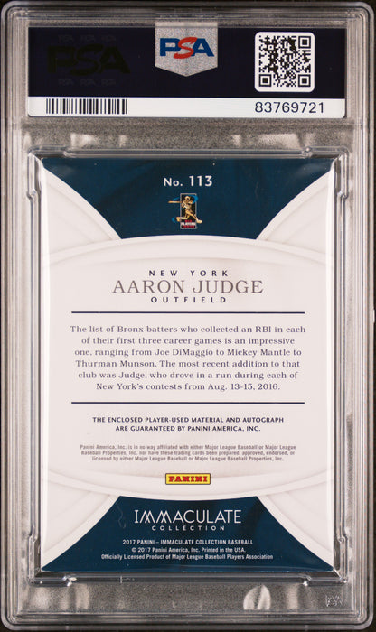 Aaron Judge 2017 Panini Immaculate Rookie Patch Auto #89/99 PSA 7 Auto 10