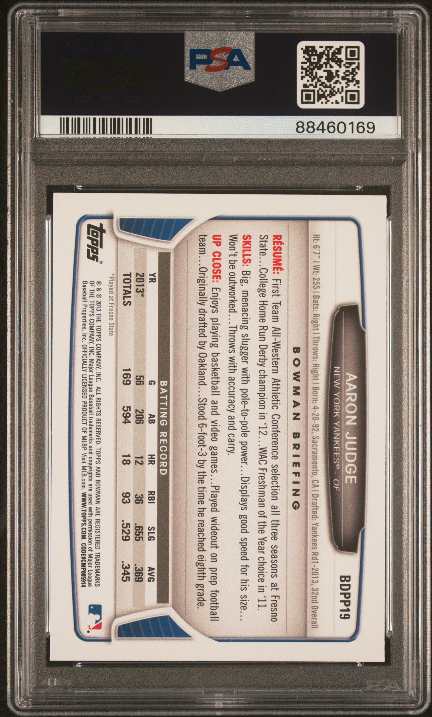 Aaron Judge 2013 Bowman Draft #BDPP19 PSA 10 Gem Mint