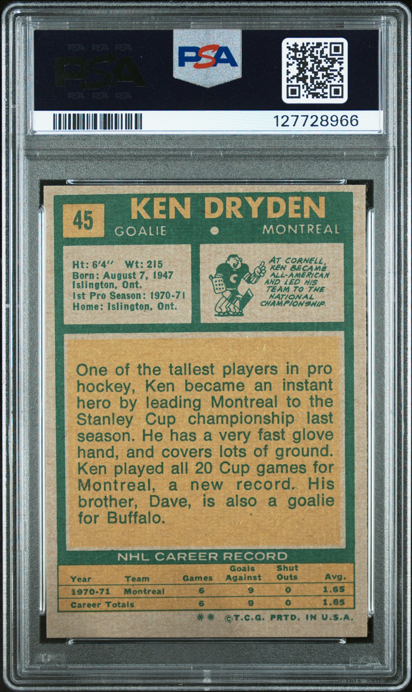 Ken Dryden 1971 Topps Rookie #45 PSA 8 Nm-Mint OC