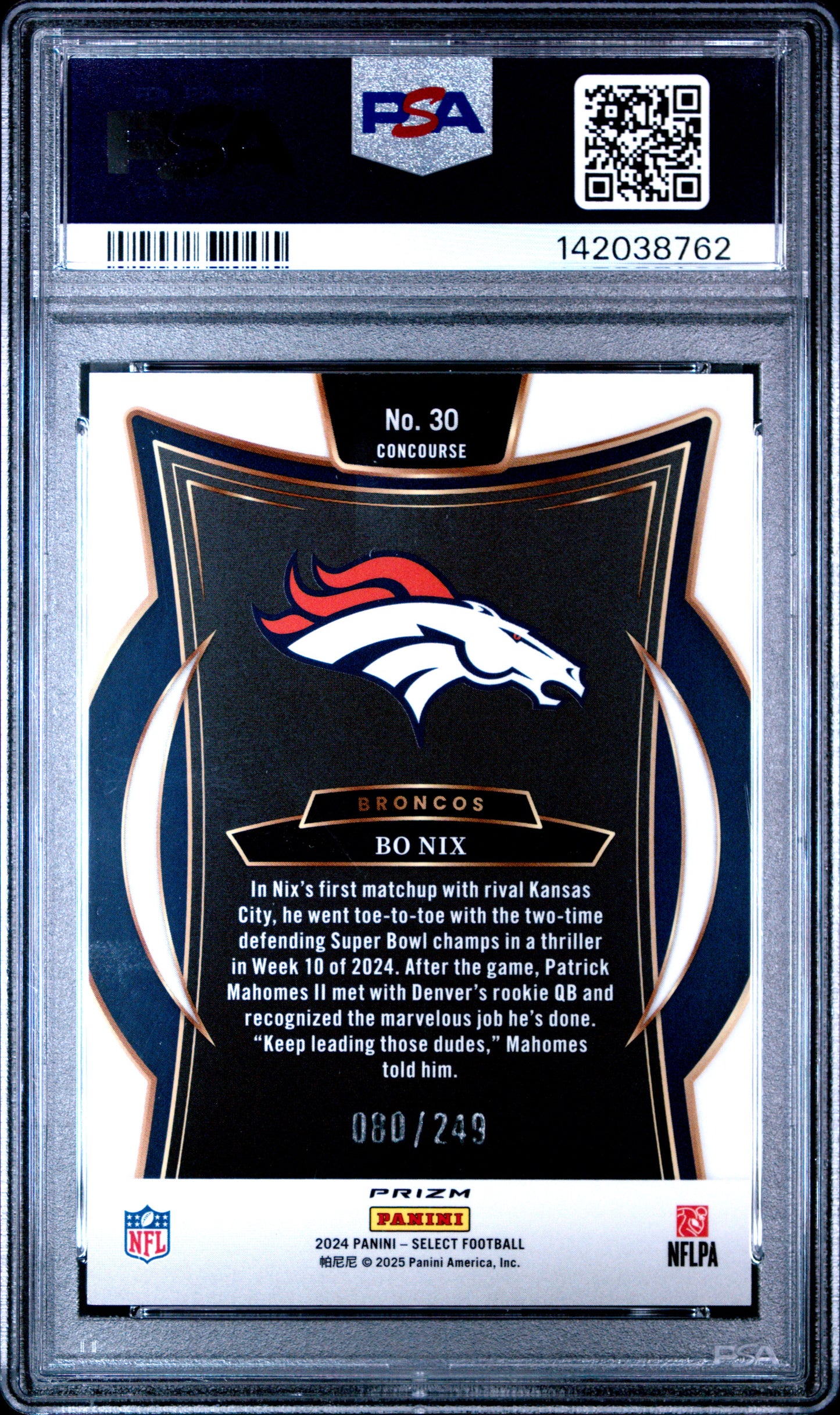 Bo Nix 2024 Select Rookie #30 Blue Prizm #80/249 PSA 10 Gem Mint