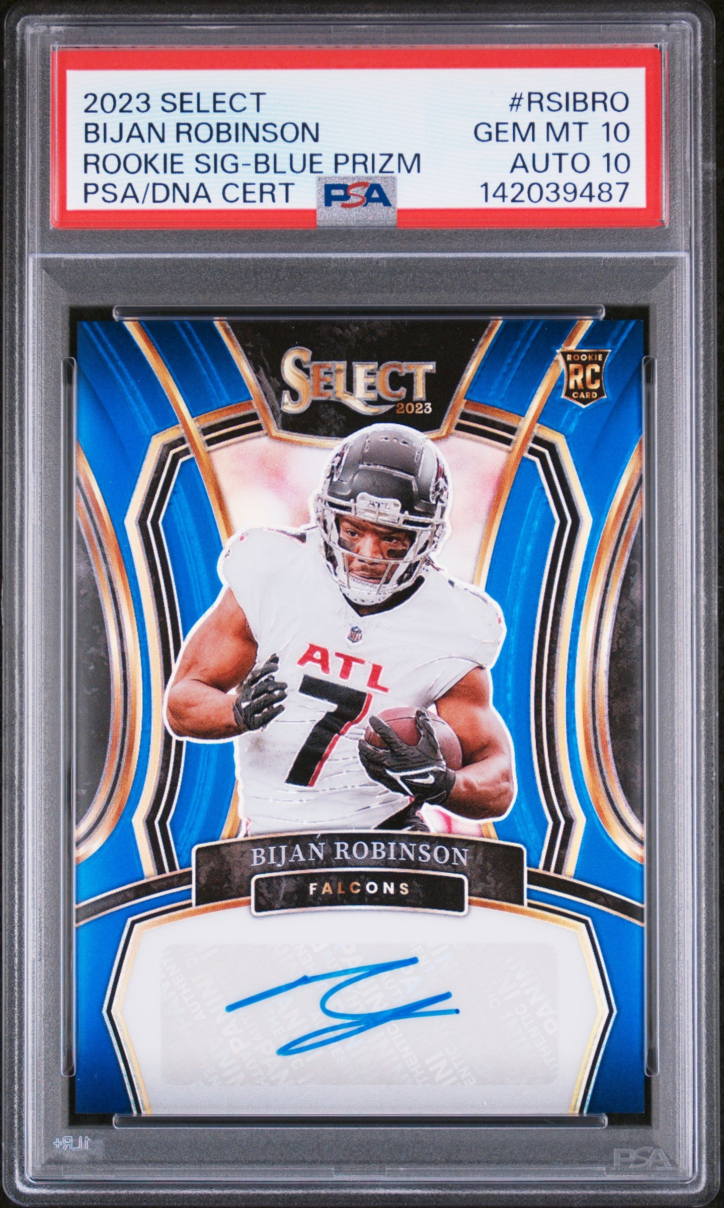 Bijan Robinson 2023 Panini Select Blue Prizm Rookie Auto #73/99 PSA 10 Auto 10