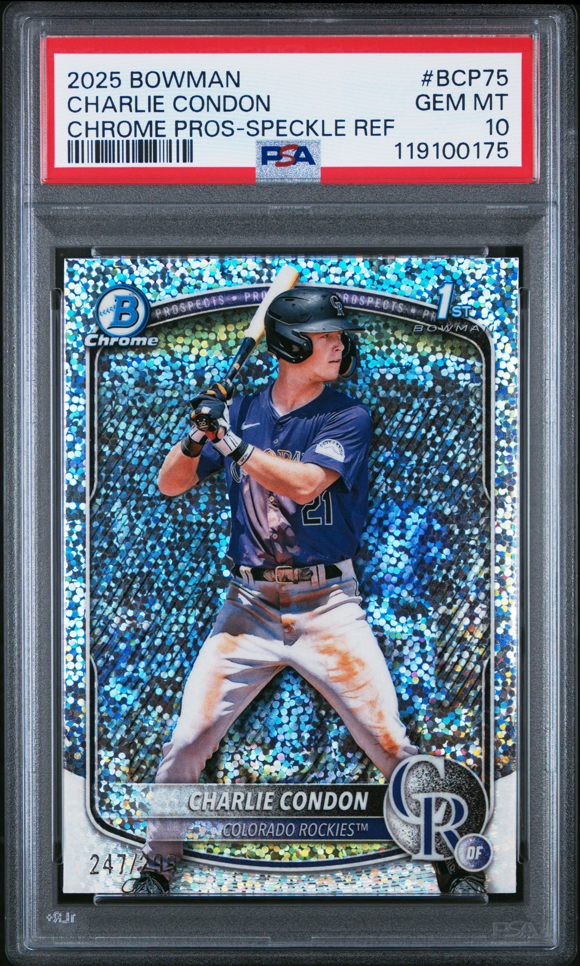 Charlie Condon 2025 Bowman Chrome Speckle Refractor #247/299 PSA 10 Gem Mint