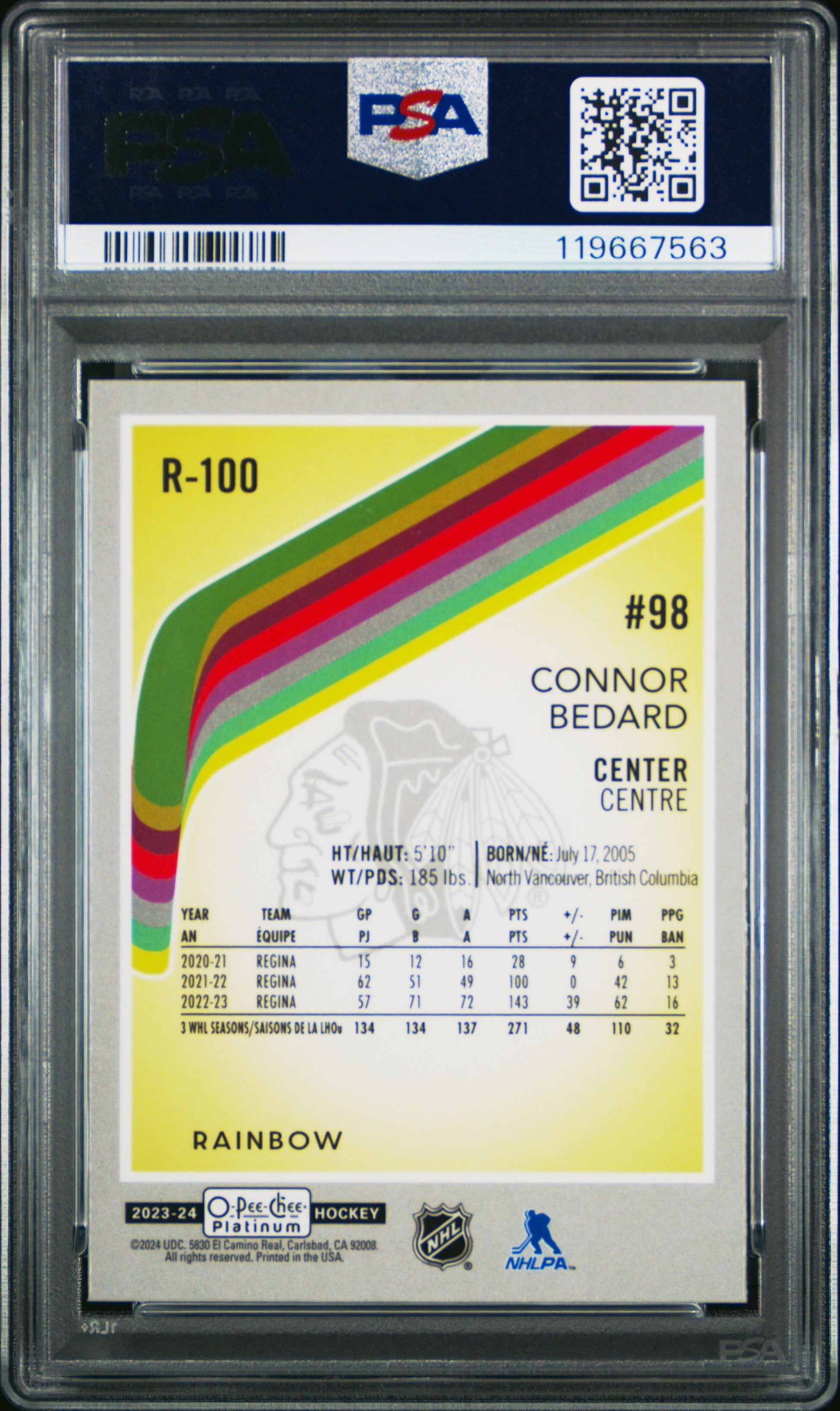 Connor Bedard 2023 OPC Platinum Retro Rainbow Rookie #R100 PSA 10 Gem Mint