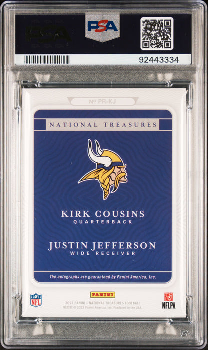 Justin Jefferson + Kirk Cousins 2021 Panini National Treasures Prime Pairing Dual Auto #1/49 PSA 9 Mint