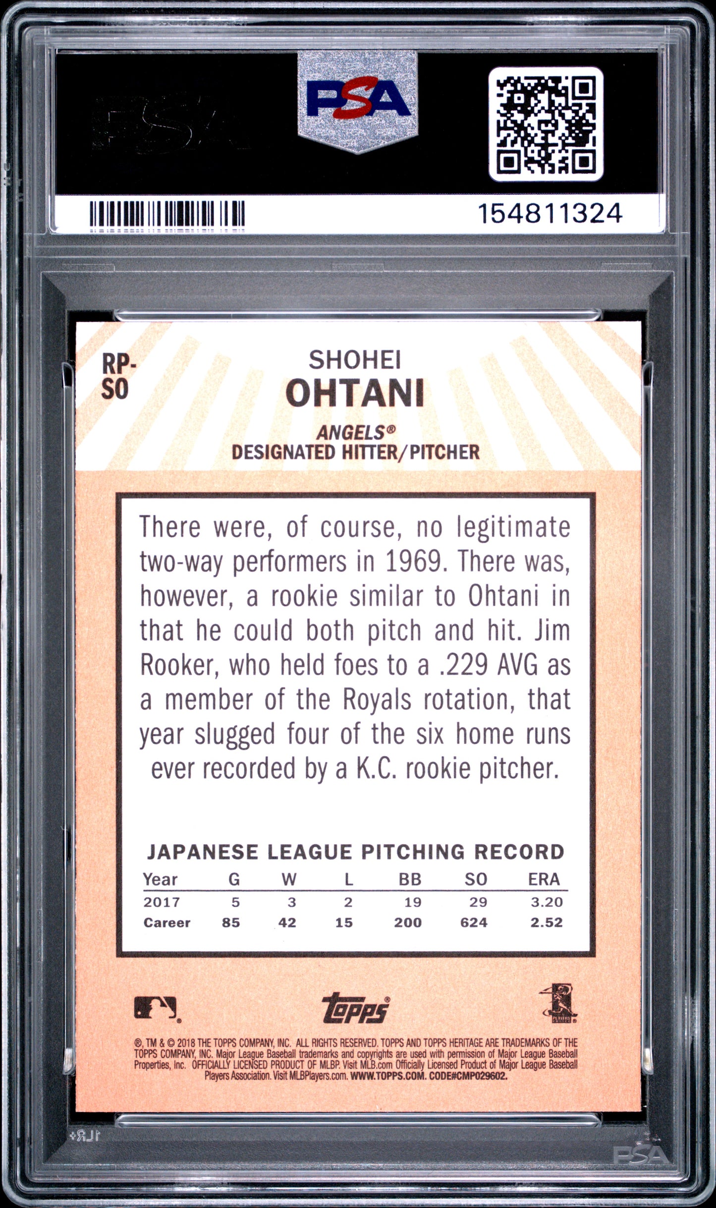Shohei Ohtani 2018 Topps Heritage Rookie Performers PSA 10 Gem Mint 1325