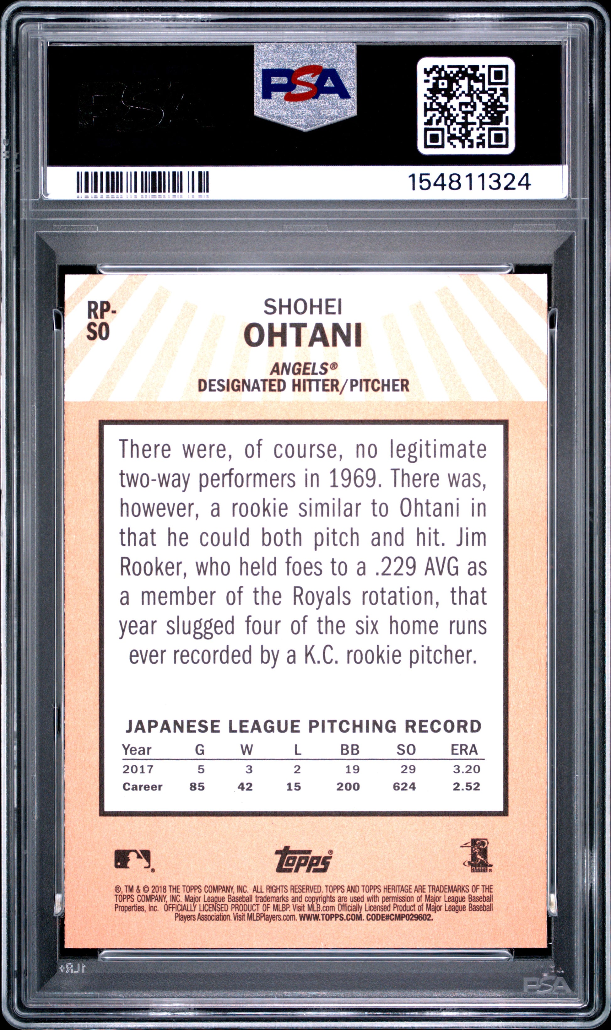 Shohei Ohtani 2018 Topps Heritage Rookie Performers PSA 10 Gem Mint 1325