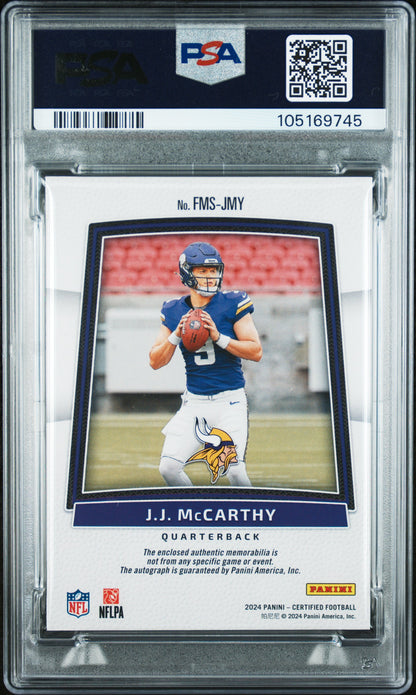 JJ McCarthy 2024 Panini Certified Mirror Red Rookie Patch Auto #101/199 PSA 10 Auto 10