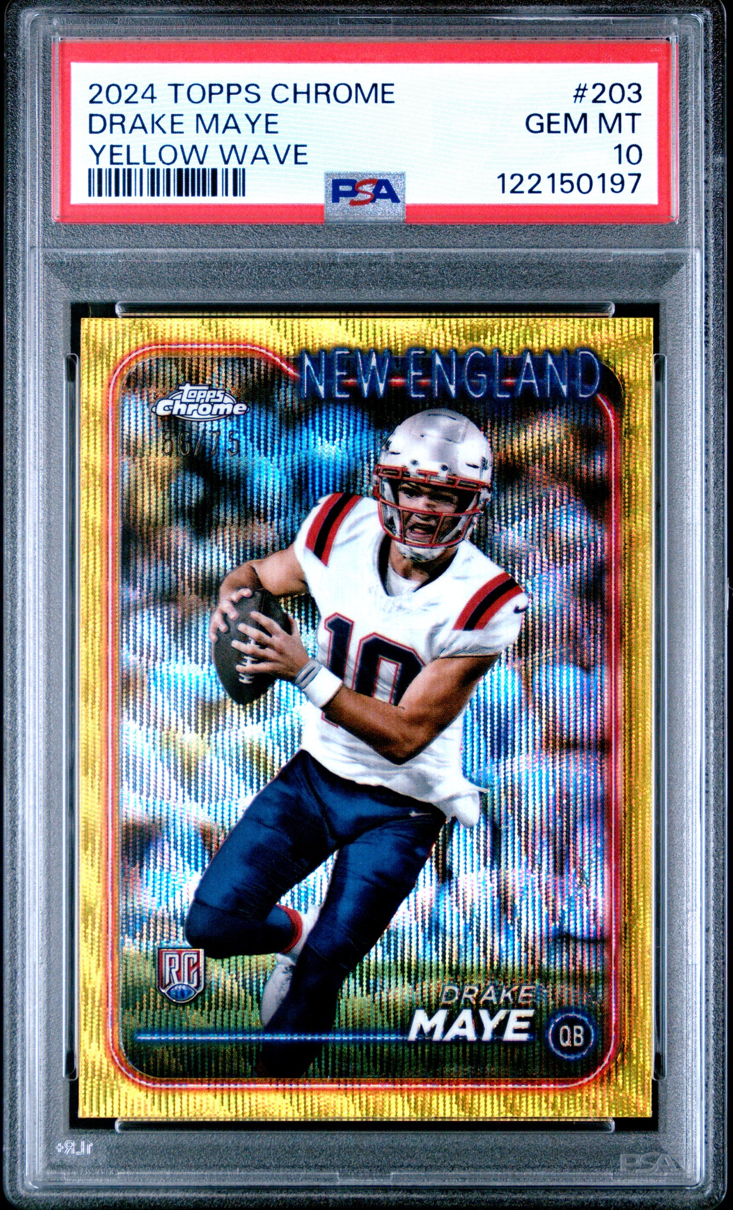 Drake Maye 2024 Topps Chrome Yellow Wave Rookie #56/75 PSA 10 Gem Mint