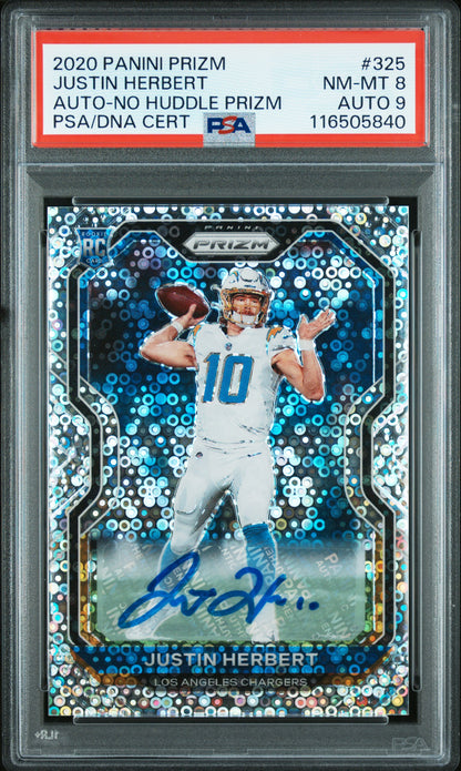 Justin Herbert 2020 Panini Prizm Rookie Auto No Huddle PSA 8 Auto 9