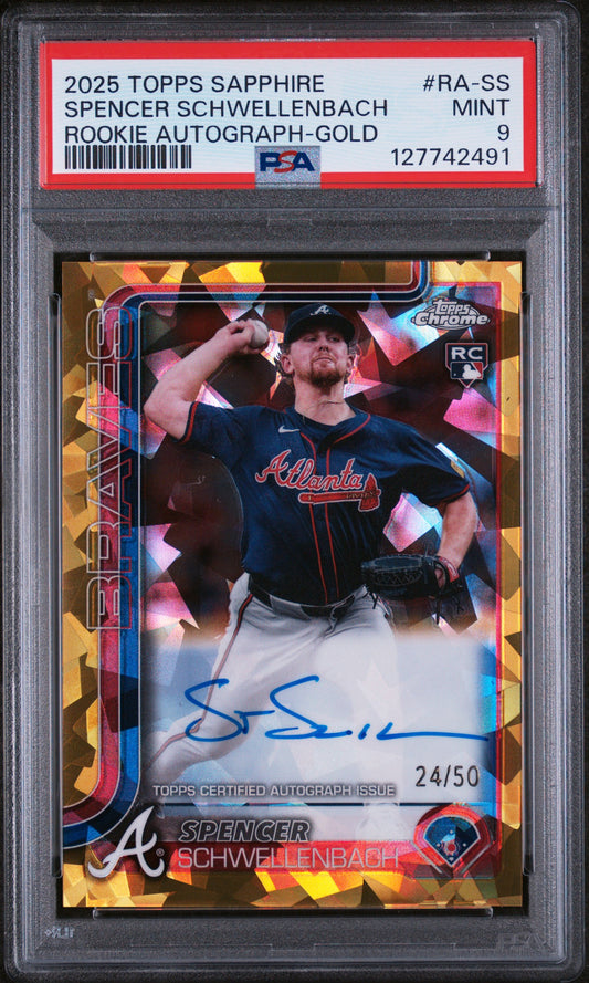 Spencer Schwellenbach 2025 Topps Chrome Sapphire Gold Rookie Auto #24/50 PSA 9 Mint