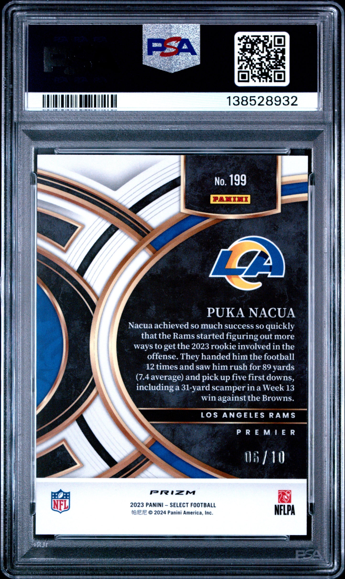Puka Nacua 2023 Select Rookie #199 Gold Prizm #6/10 PSA 10 Gem Mint