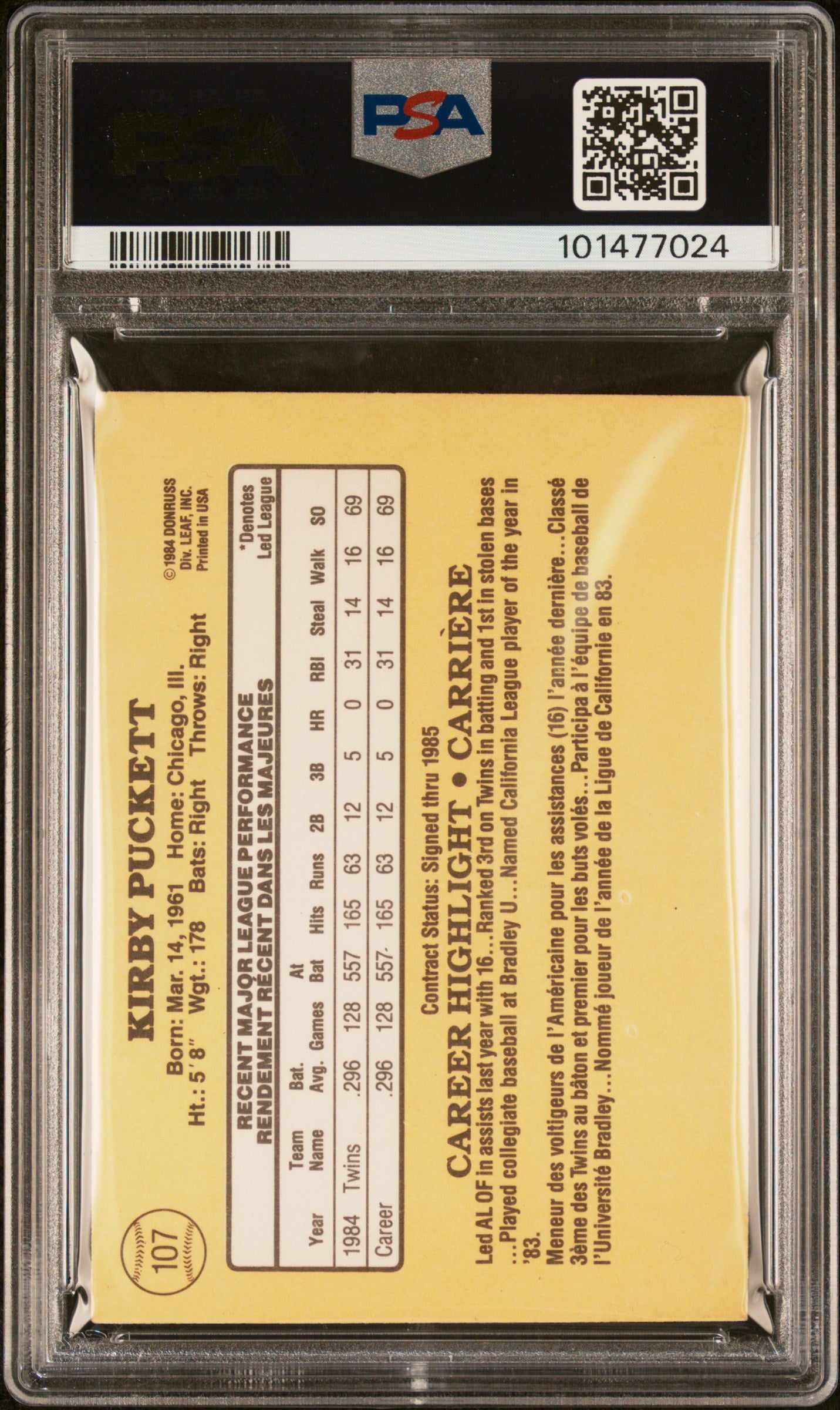 Kirby Puckett 1985 Donruss Leaf RC #107 Autograph PSA Auth