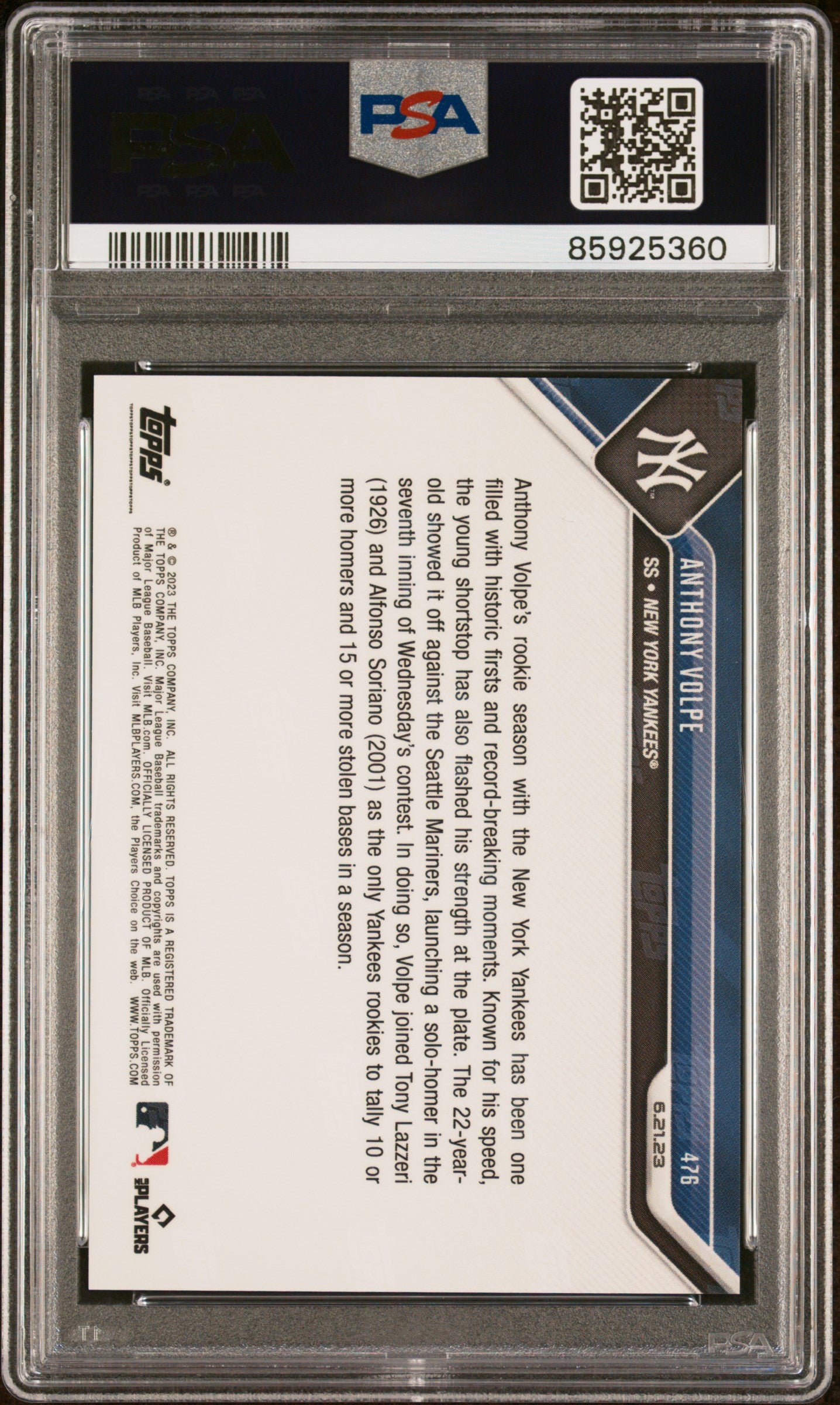 Anthony Volpe 2023 Topps Now Rookie #476 Red #9/10 PSA 10 Gem Mint