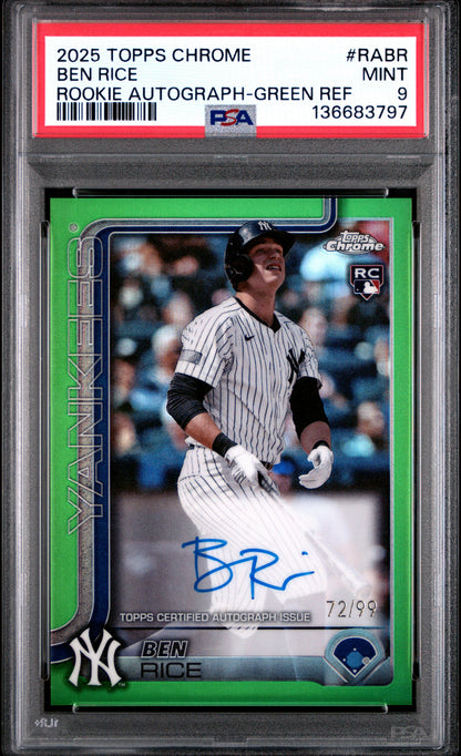 Ben Rice 2025 Topps Chrome Rookie Autograph Green Refractor #72/99 PSA 9 Mint