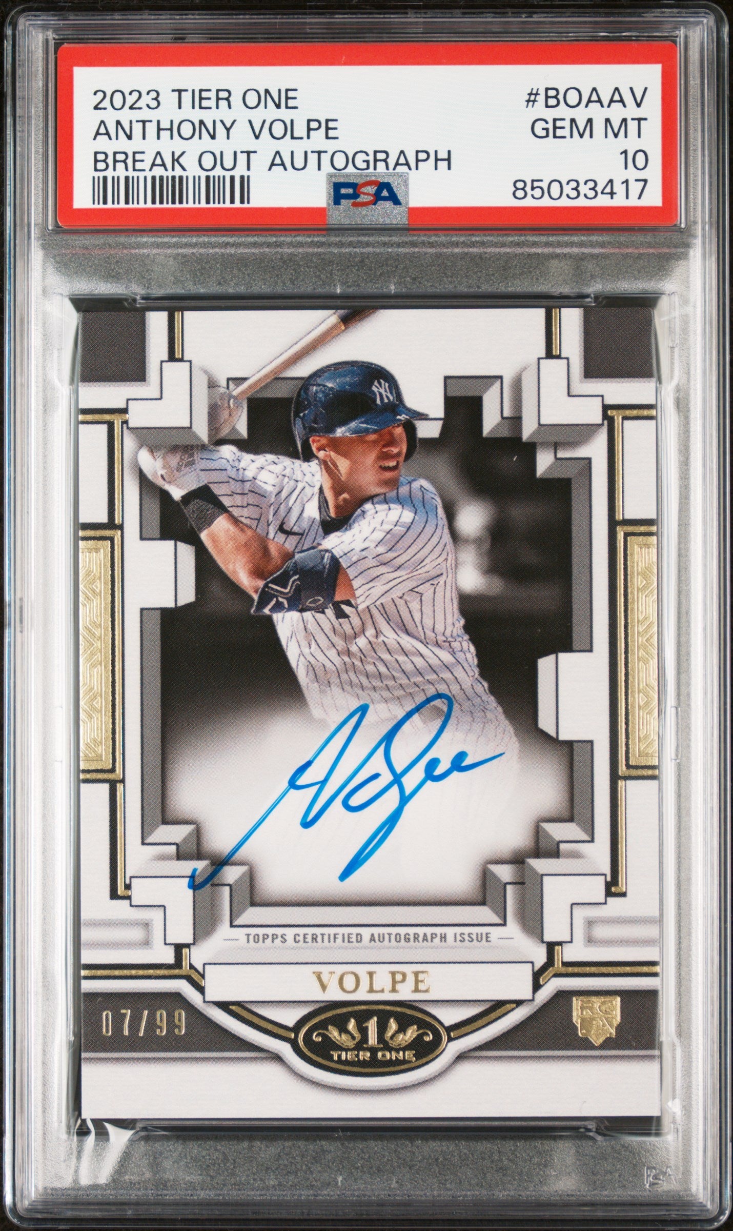 Anthony Volpe 2023 Topps Tier One Break Out Auto #7/99 PSA 10 Gem Mint