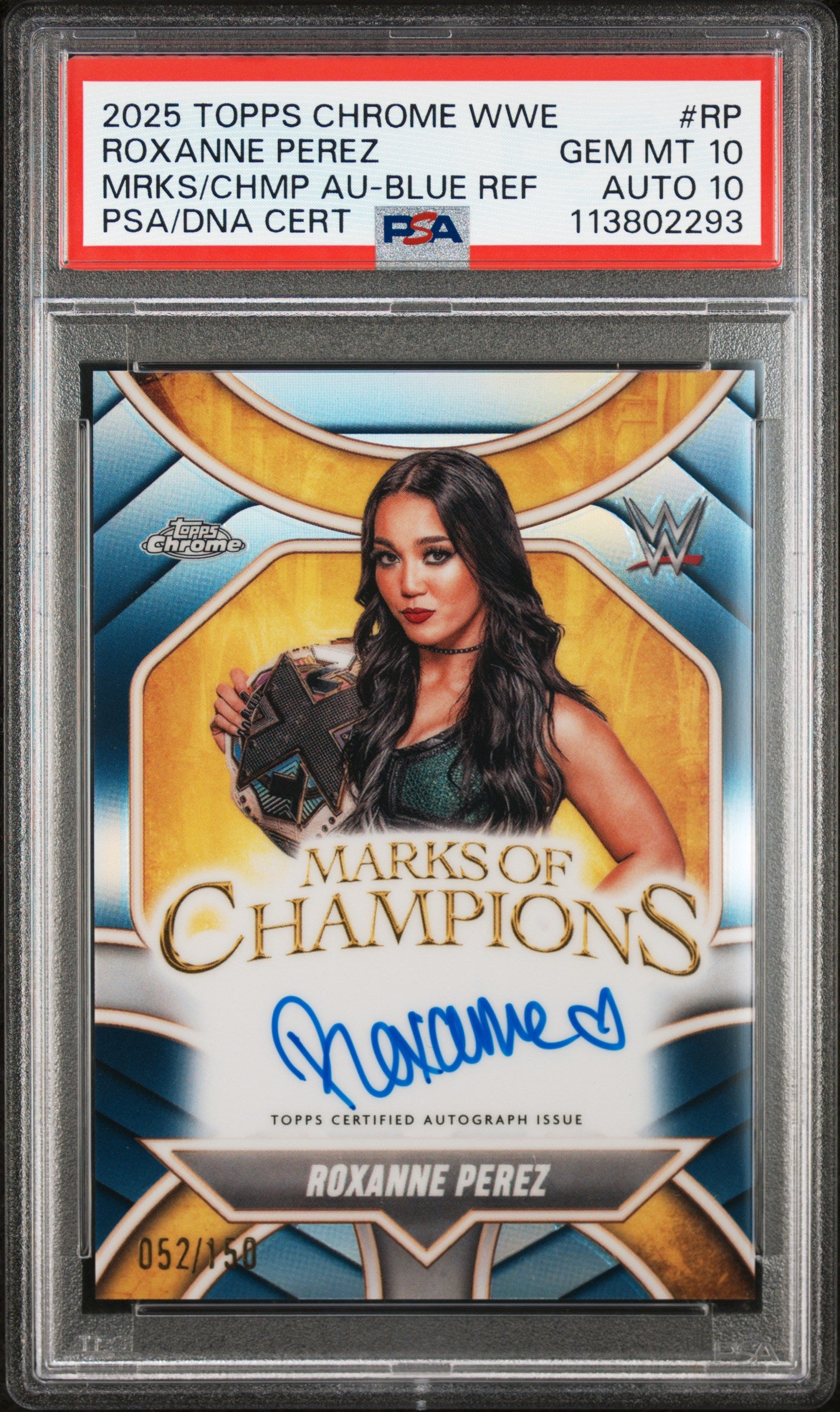 Roxanne Perez 2025 Topps Chrome WWE Marks of Champions Blue Auto #52/150 PSA 10 Auto 10
