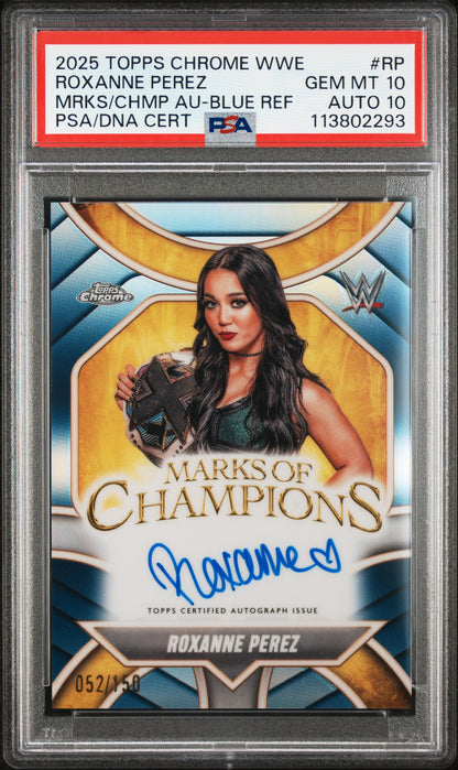 Roxanne Perez 2025 Topps Chrome WWE Marks of Champions Blue Auto #52/150 PSA 10 Auto 10