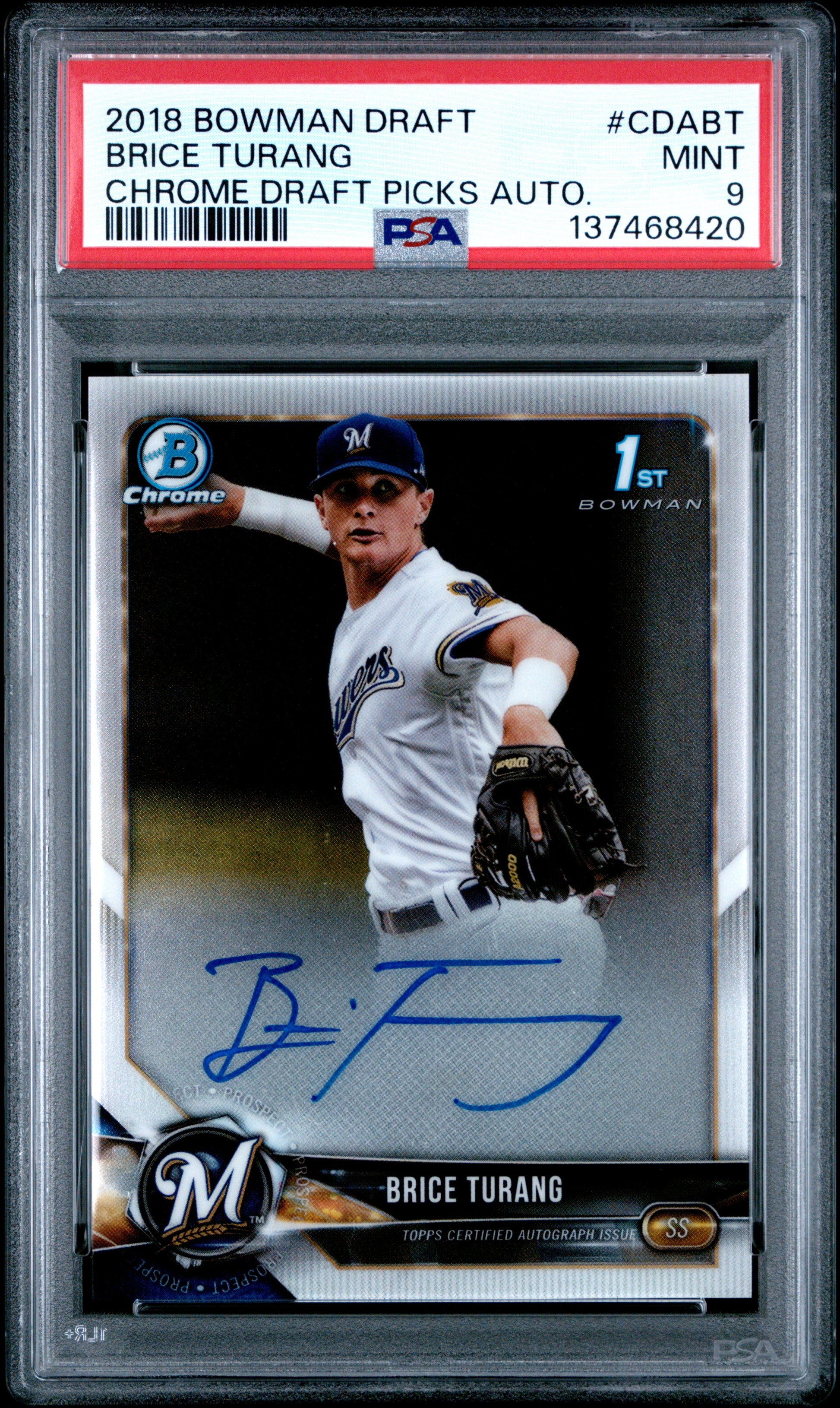 Brice Turang 2018 Bowman Chrome Draft Auto PSA 9 Mint 8420