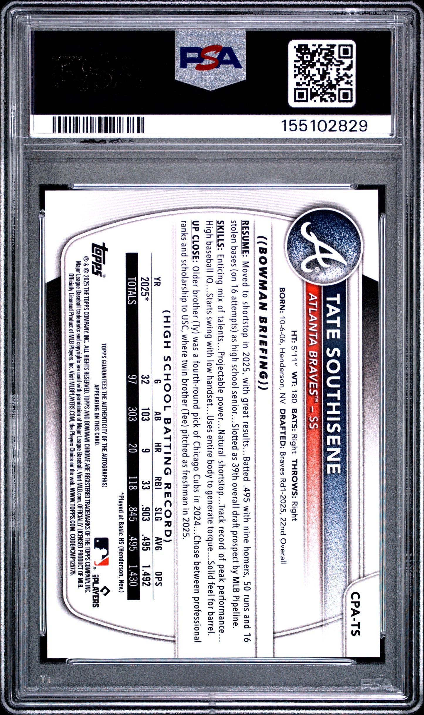 Tate Southisene 2025 Bowman Draft Gold Refractor Auto #7/50 PSA 9 Mint