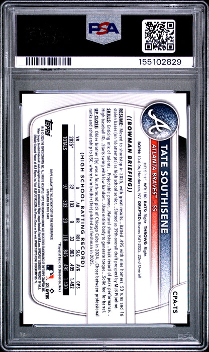 Tate Southisene 2025 Bowman Draft Gold Refractor Auto #7/50 PSA 9 Mint