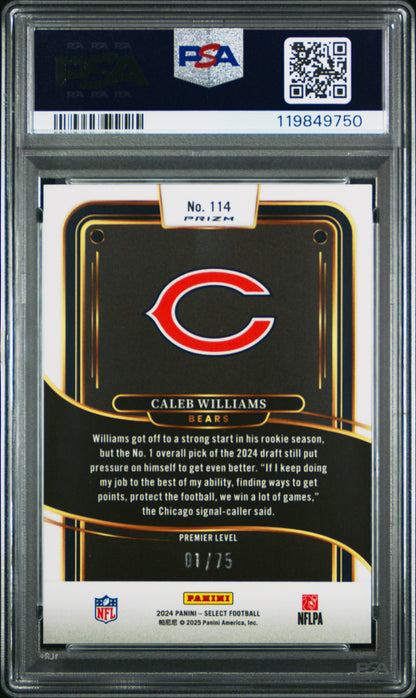 Caleb Williams 2024 Panini Select Rookie #114 Purple Prizm #1/75 PSA 10 Gem Mint