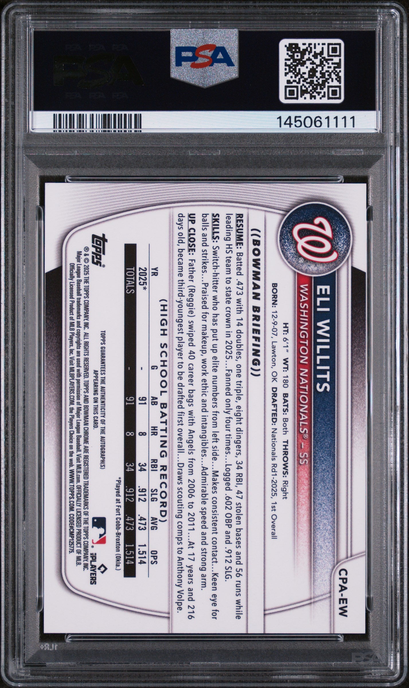 Eli Willits 2025 Bowman Chrome Draft HTA Choice Auto #66/150 PSA 9 Mint