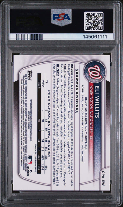 Eli Willits 2025 Bowman Chrome Draft HTA Choice Auto #66/150 PSA 9 Mint