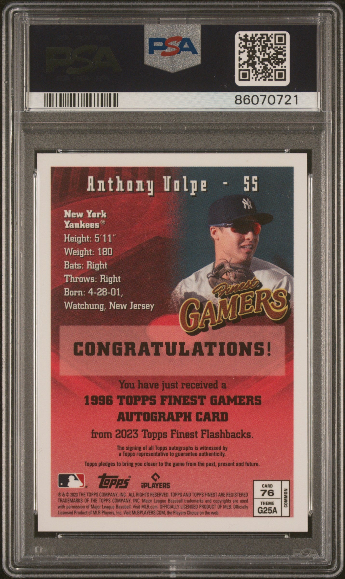 Anthony Volpe 2023 Topps Finest Flashbacks Rookie Auto #5/100 PSA 10 Auto 10
