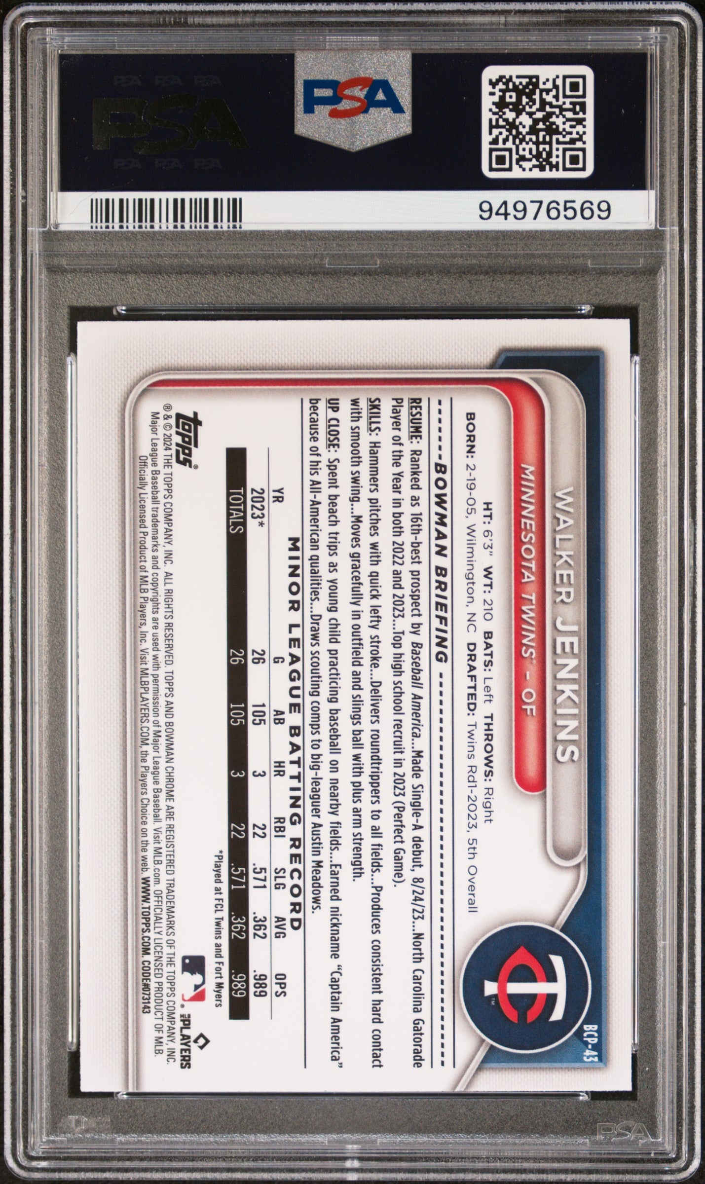 Walker Jenkins 2024 Bowman Chrome Aqua Shimmer Refractor #89/125 PSA 10 Gem Mint