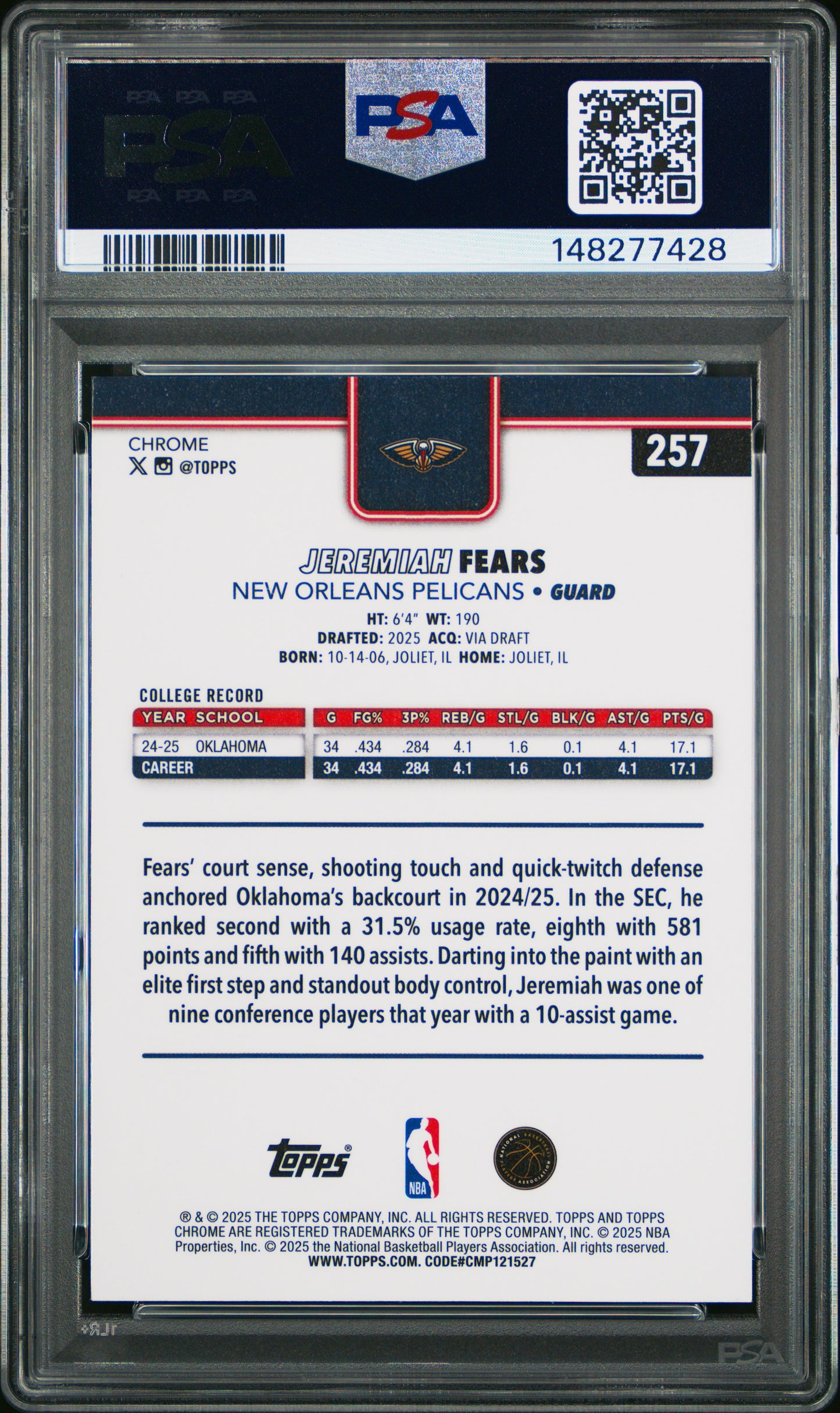 Jeremiah Fears 2025 Topps Chrome Rookie #257 Red White Blue Refractor PSA 10 Gem Mint