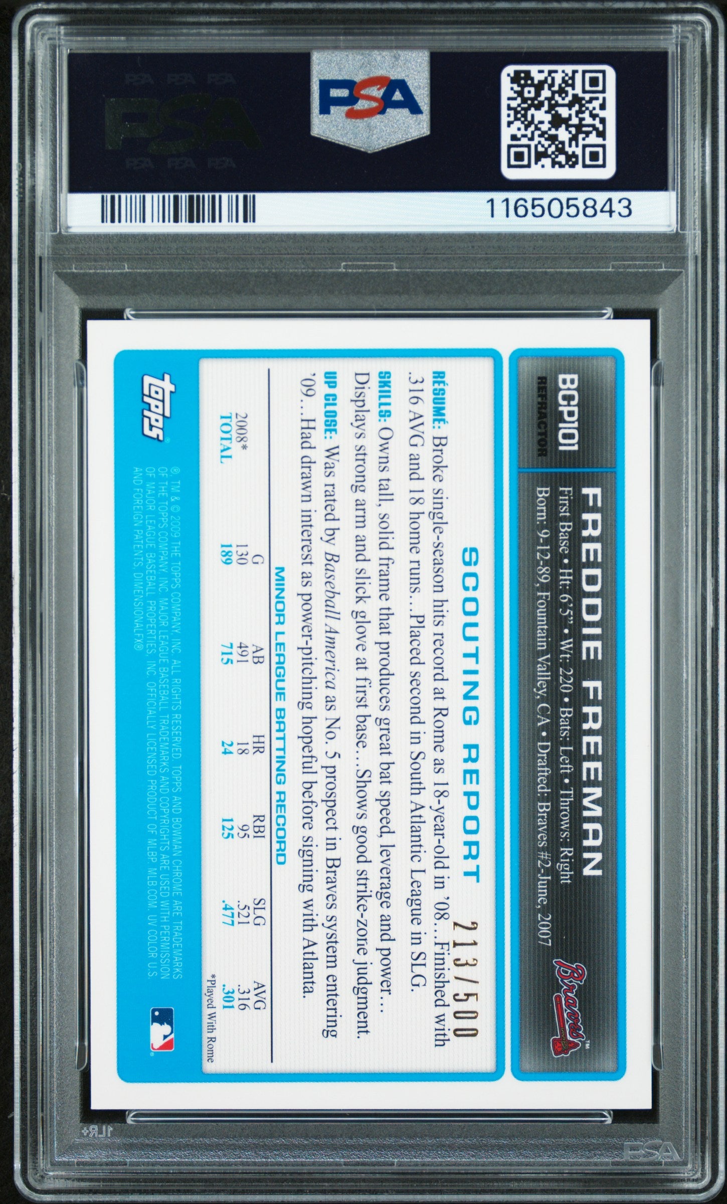 Freddie Freeman 2009 Bowman Chrome Refractor Auto #213/500 PSA 8 Auto 10
