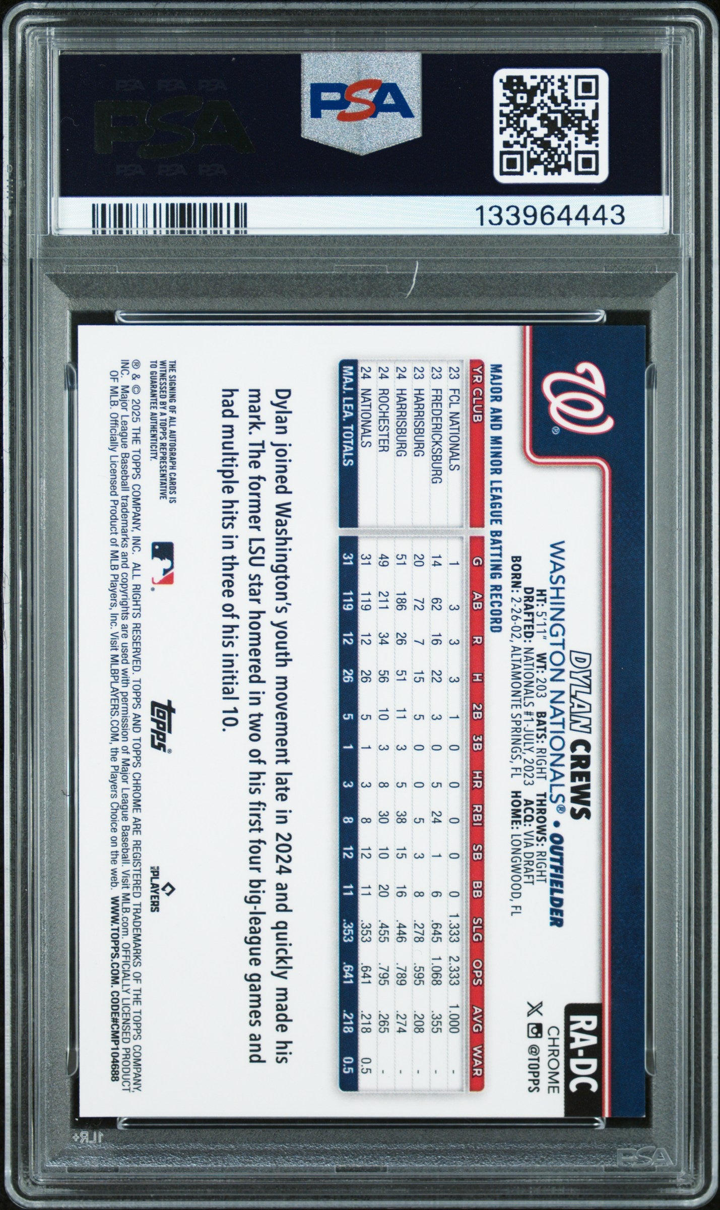 Dylan Crews 2025 Topps Chrome Aqua Wave Aqua Wave Auto #27/199 PSA 9 Mint