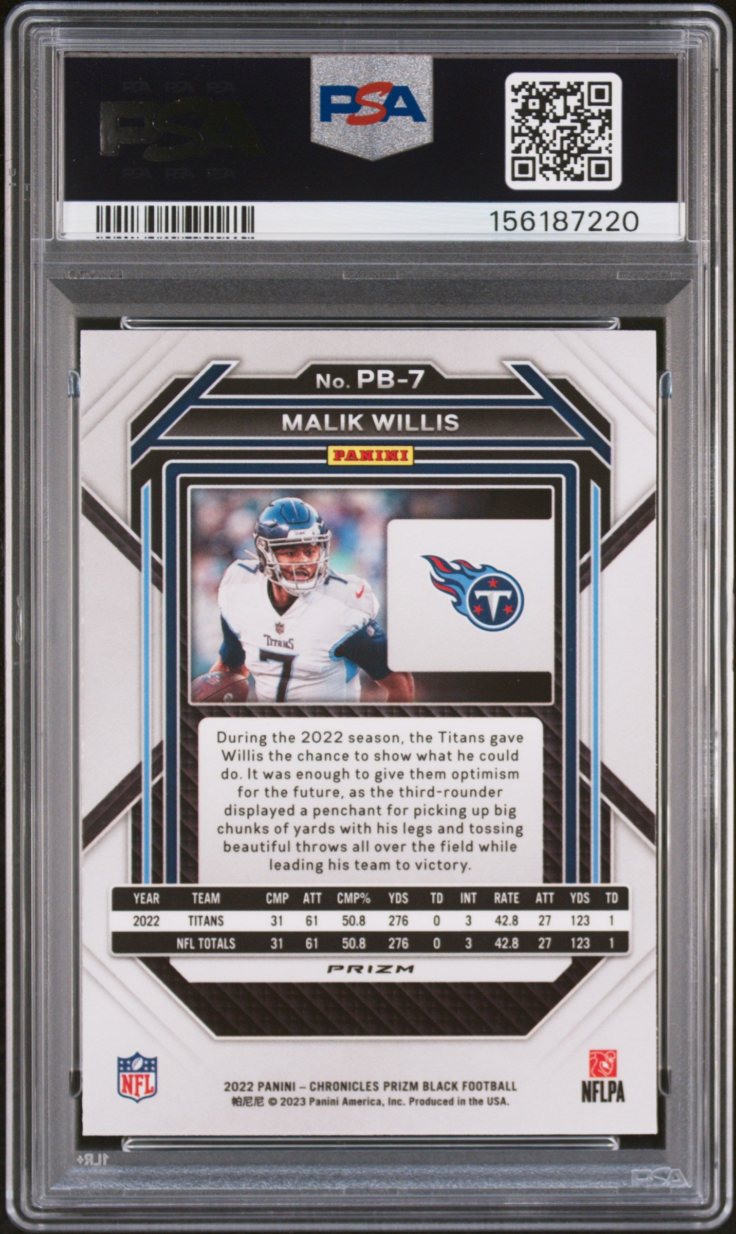 Malik Willis 2022 Chronicles Prizm Black Rookie #PB7 Silver Prizm PSA 10 Gem Mint