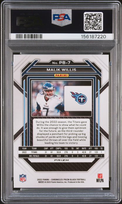 Malik Willis 2022 Chronicles Prizm Black Rookie #PB7 Silver Prizm PSA 10 Gem Mint