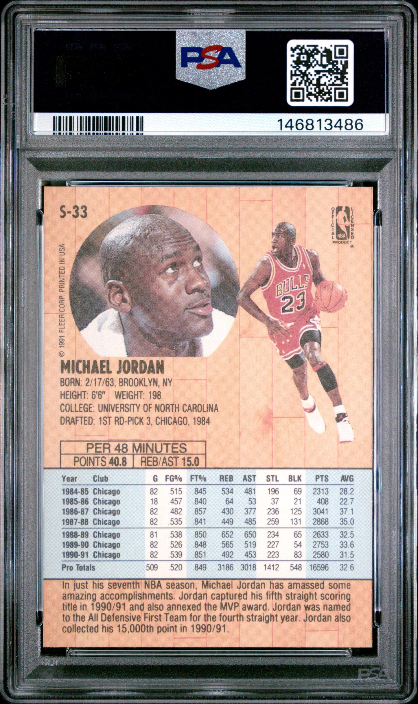 Michael Jordan 1991 Fleer Tony's Pizza #S-33 PSA 6 Ex-Mint