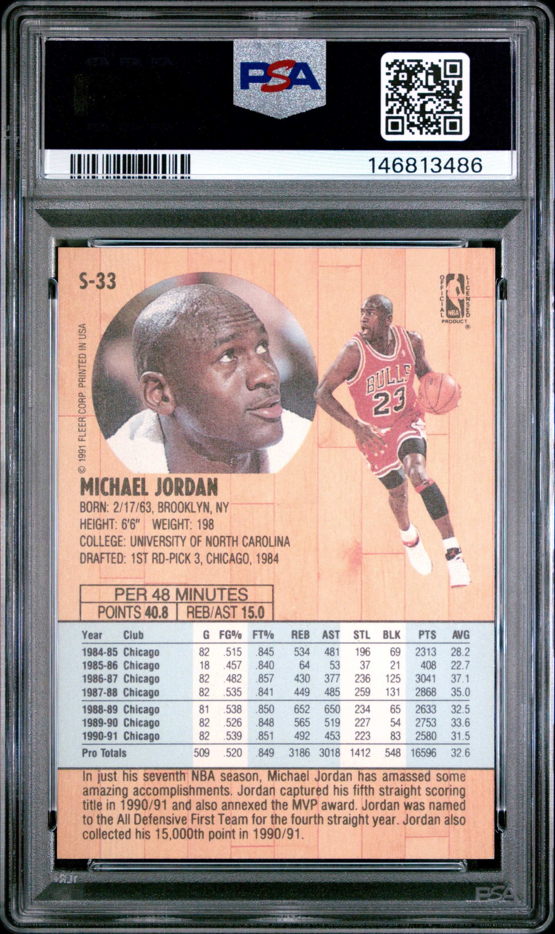 Michael Jordan 1991 Fleer Tony's Pizza #S-33 PSA 6 Ex-Mint