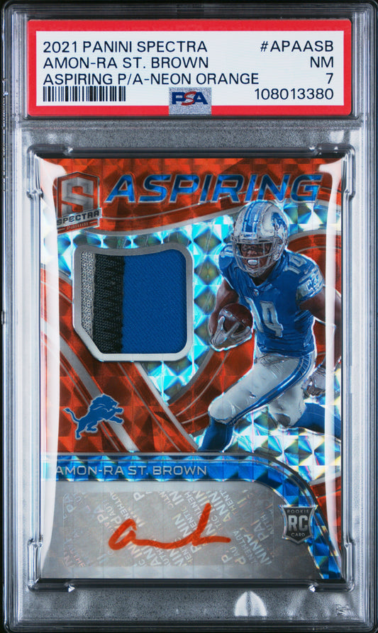 Amon-ra St. Brown 2021 Panini Spectra Neon Orange Rookie Patch Auto #8/15 PSA 7 Near Mint