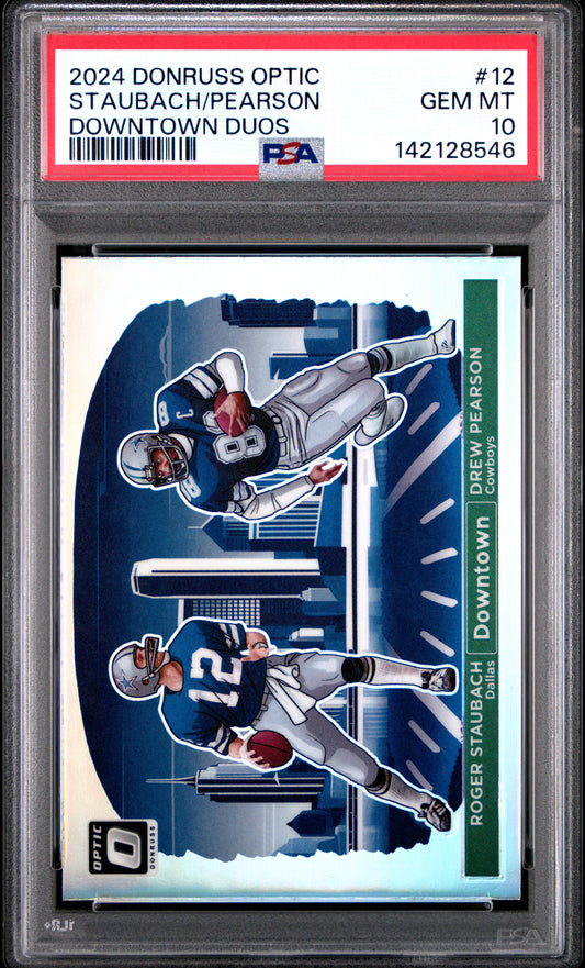 Roger Staubach + Drew Pearson 2024 Donruss Optic Downtown Duos PSA 10 Gem Mint
