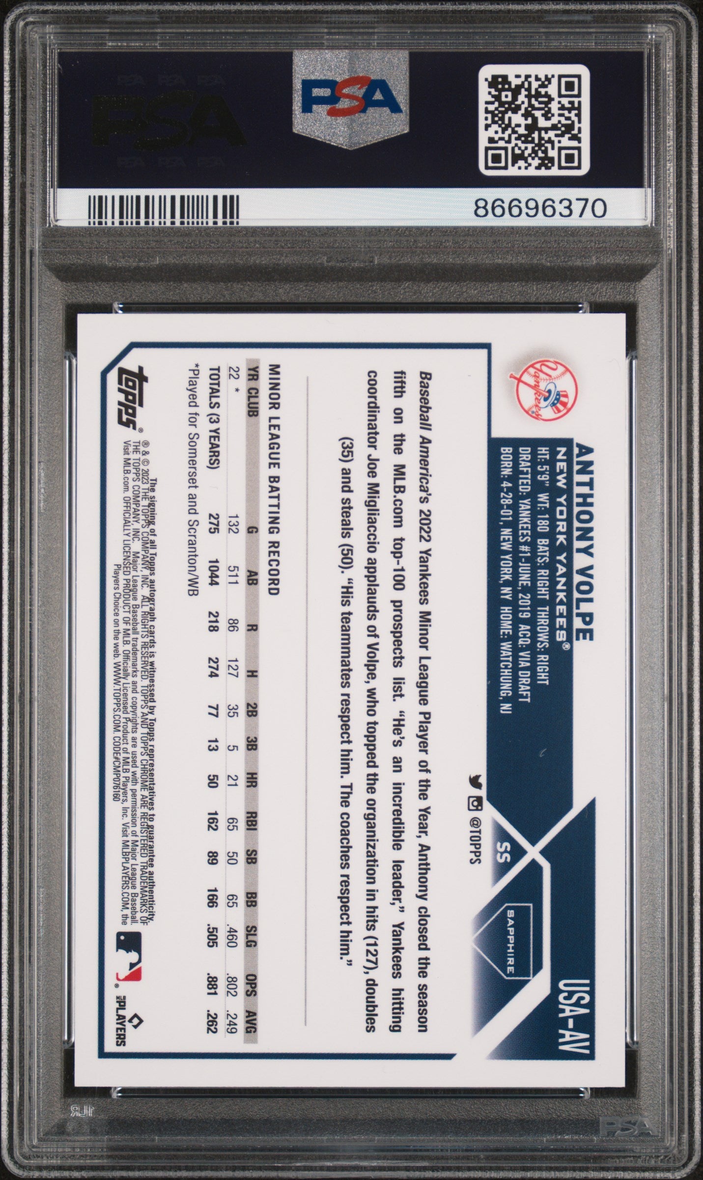 Anthony Volpe 2023 Topps Chrome Update Sapphire Auto #110/100 PSA 10 Gem Mint