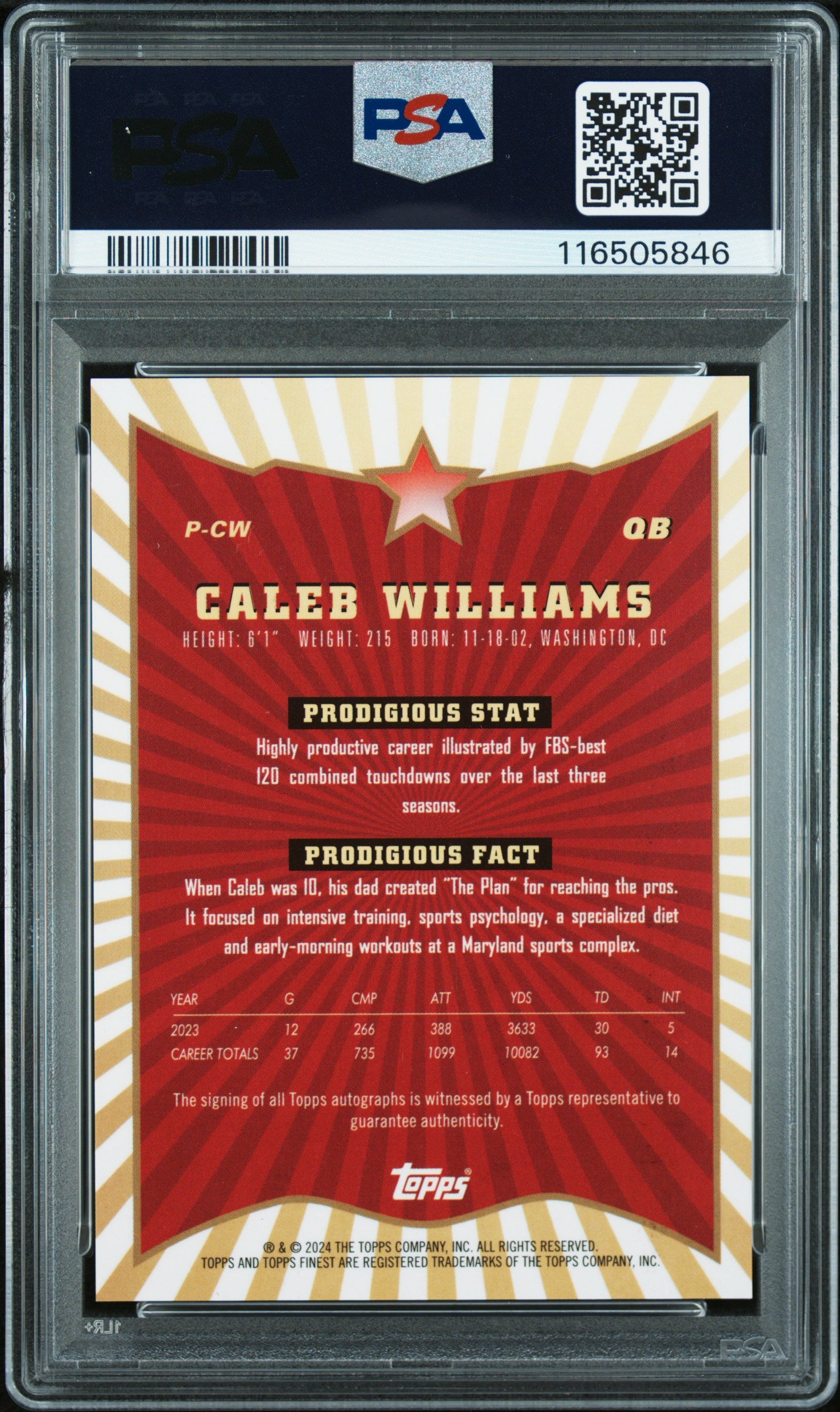 Caleb Williams 2024 Finest Prodigies Rookie Autograph PSA 10 Auto 10