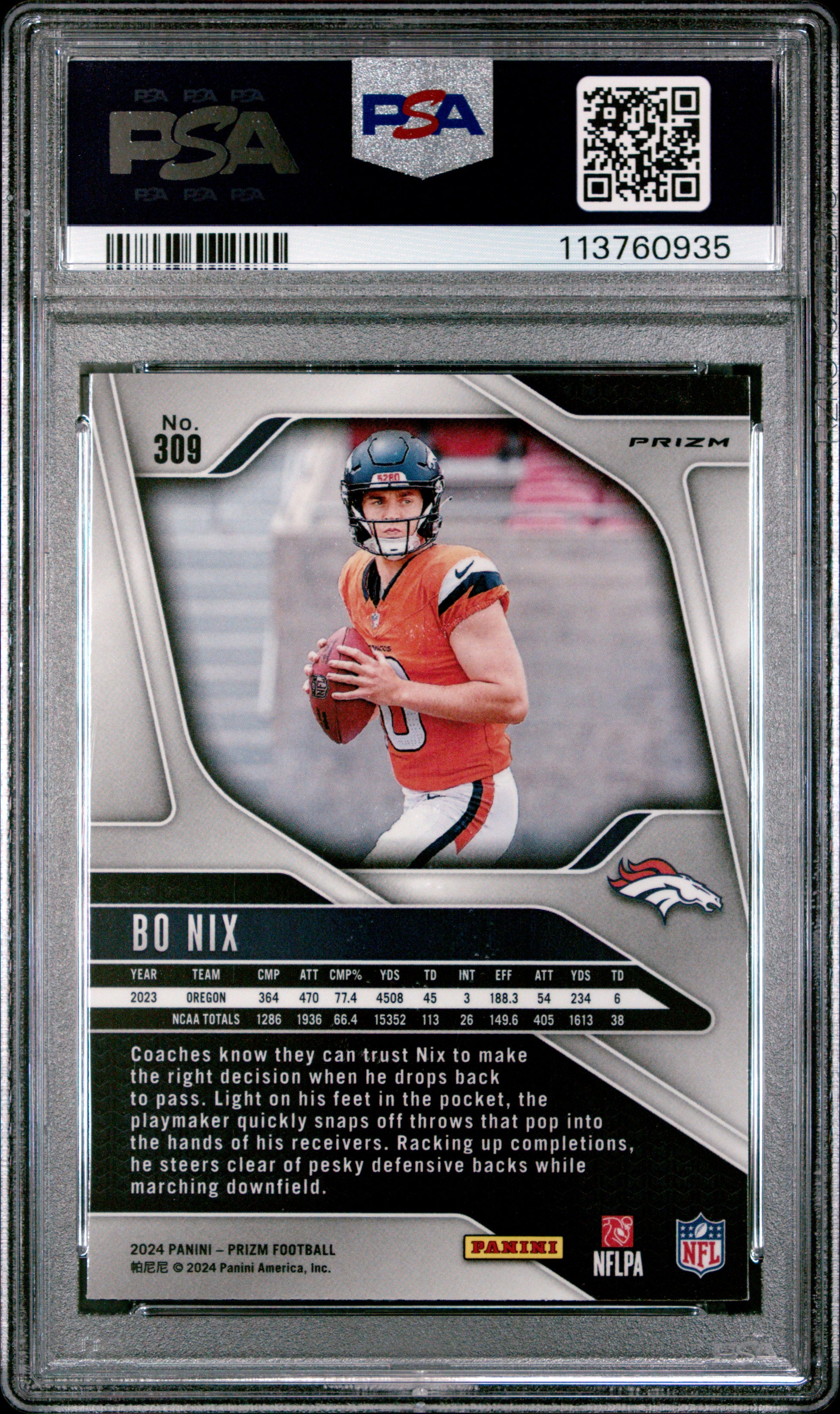 Bo Nix 2024 Panini Prizm Rookie #309 Silver Prizm PSA 9 Mint