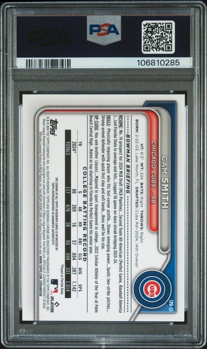 Cam Smith 2024 Bowman Draft Sapphire Autograph #52/199 PSA 9 Auto 10