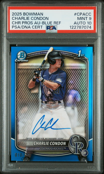 Charlie Condon 2025 Bowman Chrome Blue Refractor Auto #10/150 PSA 9 Auto 10