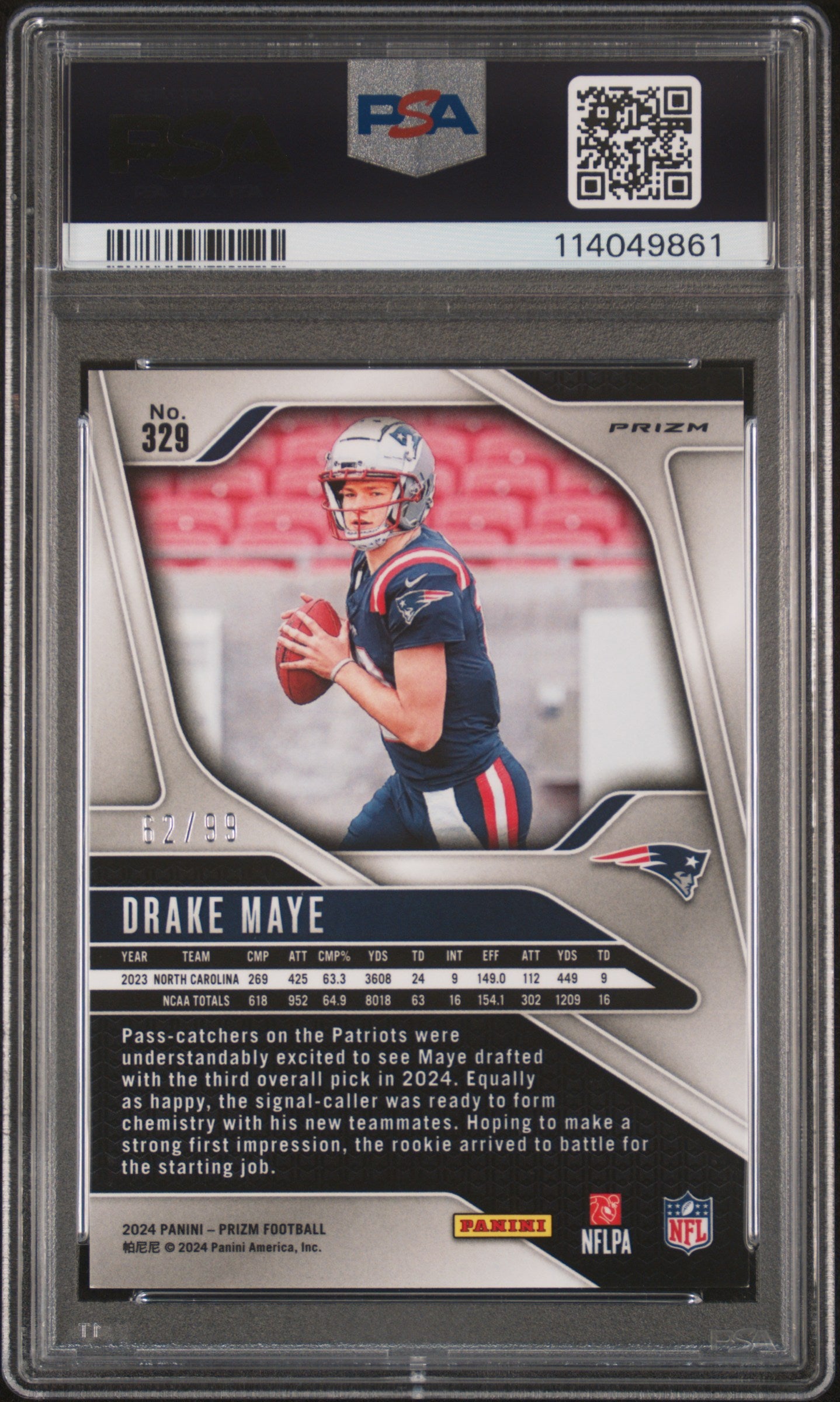 Drake Maye 2024 Panini Prizm Rookie #329 No Huddle Blue #62/99 PSA 9 Mint
