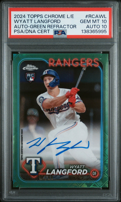 Wyatt Langford 2024 Topps Chrome Logofractor Green Rookie Auto #62/99 PSA 10 Auto 10