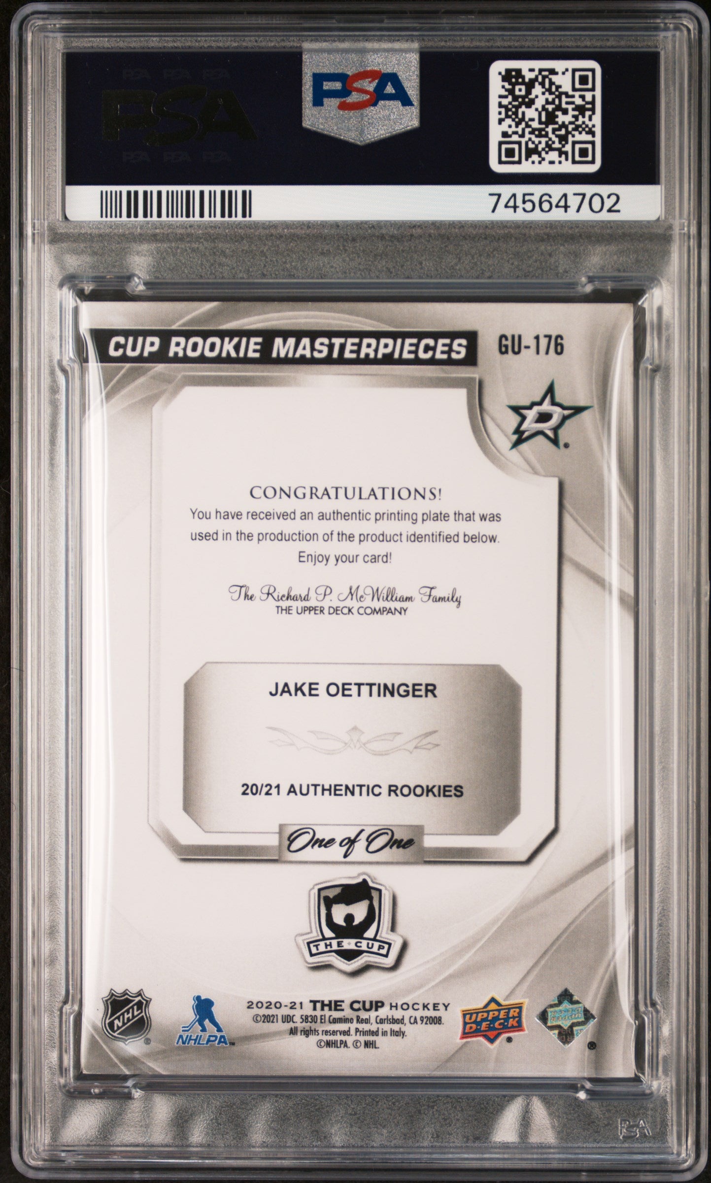 Jake Oettinger 2020 Upper Deck The Cup Yellow Printing Plate #1/1 PSA 10 Gem Mint